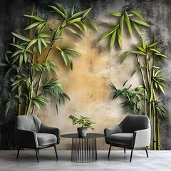 tropical plants with bamboo leaves on a textured rubbed background by kayami photo wallpaper in the interior