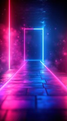 Fototapeta premium Neon Lights Illuminating a Brick Path with a Glowing Frame