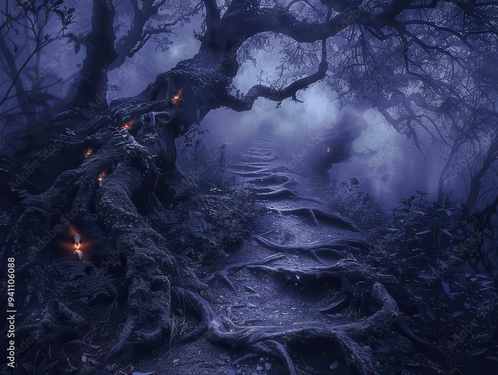 Aufkleber mysterious foggy forest path with gnarled trees and eerie lighting, creating an enchanting and spook