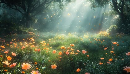 Enchanting forest meadow with colorful wildflowers and sunbeams creating a peaceful, magical atmosphere. Nature's tranquil beauty captured in light.