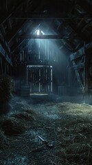 A moody, dark barn interior illuminated by shafts of light through gaps in the wooden walls. Hay scattered on the ground, creating an eerie atmosphere.
