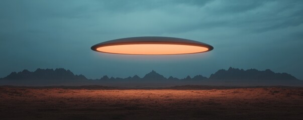 Naklejka premium A mysterious flying saucer hovers in a surreal landscape, casting an otherworldly glow over the dark terrain and distant mountains.