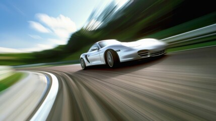 Naklejka premium Sleek sports car speeding around a curve on a racetrack, captured in a dynamic motion blur that emphasizes its impressive speed and power.