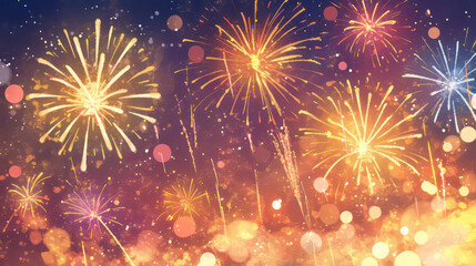 Fototapeta premium Fireworks in the night sky. Watercolor illustration. Stylized cartoon art