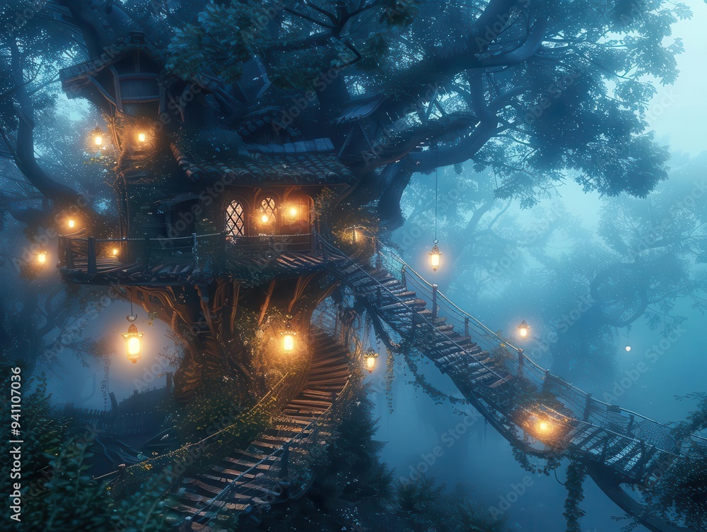 Aufkleber magical treehouse at dusk surrounded by glowing lanterns, creating a mystical atmosphere in the mist