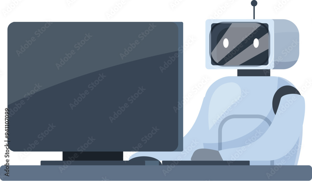 Poster robot is sitting at a desk using a desktop computer