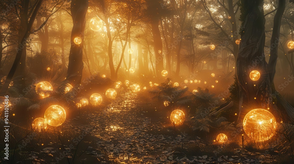 Poster enchanting forest path illuminated by glowing fairy lights, creating a magical and serene atmosphere