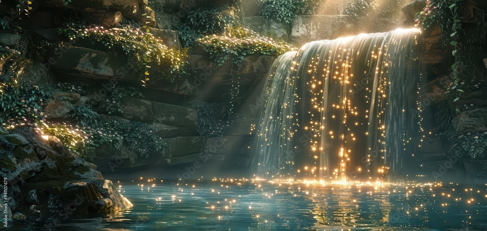 Poster magical forest waterfall illuminated by soft golden light, creating a serene and enchanting natural 
