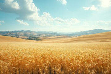 Naklejka premium A scenic view of rolling hills with golden summer crops ready for harvest