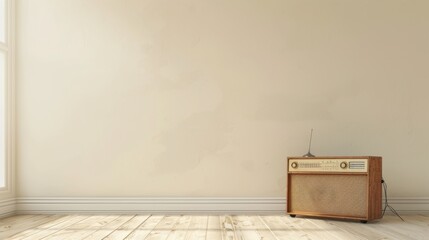 A vintage wooden radio sits on a polished wooden floor against a plain beige wall, evoking a nostalgic and minimalist atmosphere.