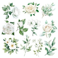 Fototapeta premium Watercolor floral illustration set. White flowers, green leaves individual elements collection. Rose, peony, eucalyptus. For bouquets, wreaths, wedding invitations, anniversary, birthday, prints 