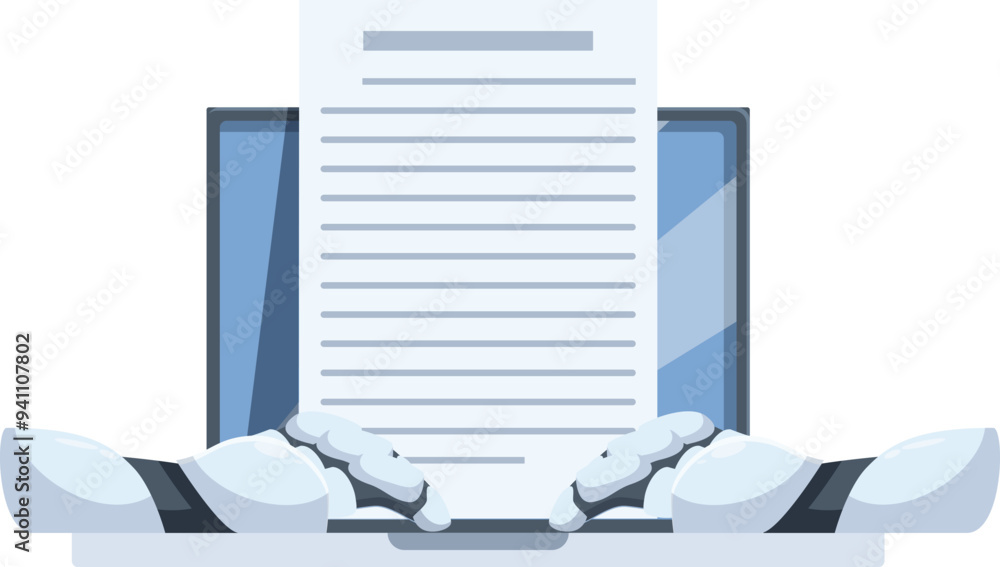 Poster robotic arms typing on a laptop keyboard are generating a contract document on the screen
