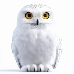 Obraz premium A beautiful, realistic white owl with striking yellow eyes, perfect for nature and wildlife photography. Isolated on white background.
