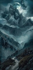 Mystical night mountain landscape with towering peaks, moonlit sky, and misty paths creating an ethereal and captivating view.