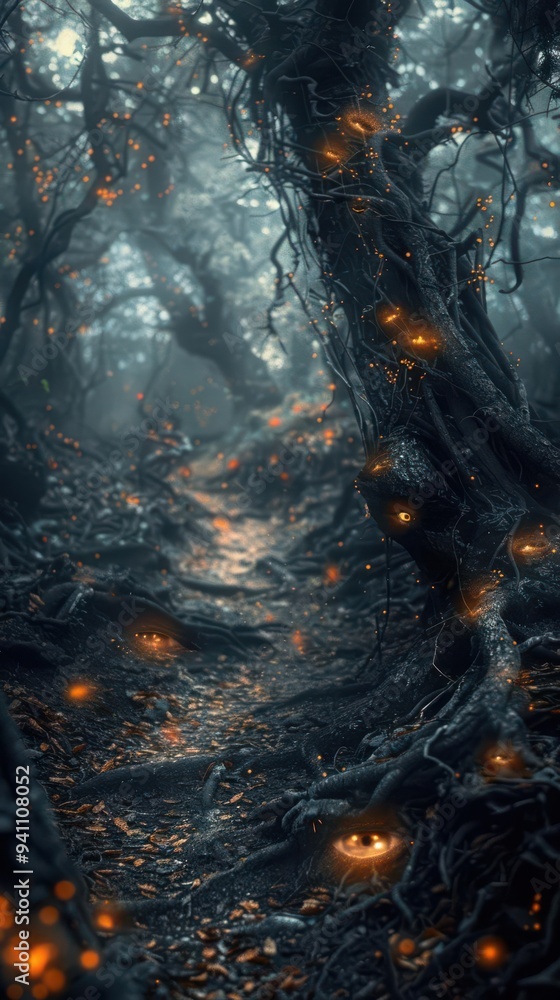 Poster enchanted forest path lit by magical lights and surrounded by twisted trees, creating a mystical and