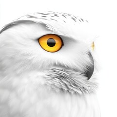 Fototapeta premium A striking close-up of a white owl with vibrant yellow eyes, highlighting its intricate feather details and unique features. Isolated on white background.