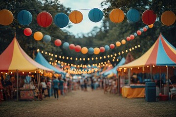 Fototapeta premium A summer festival with colorful tents, food stalls, and live music