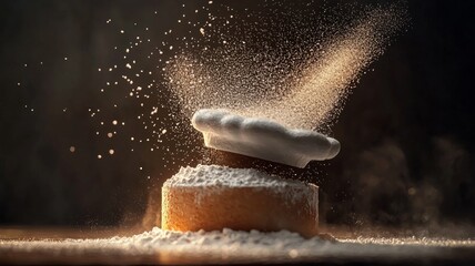 A cake with powdered sugar on top is falling apart