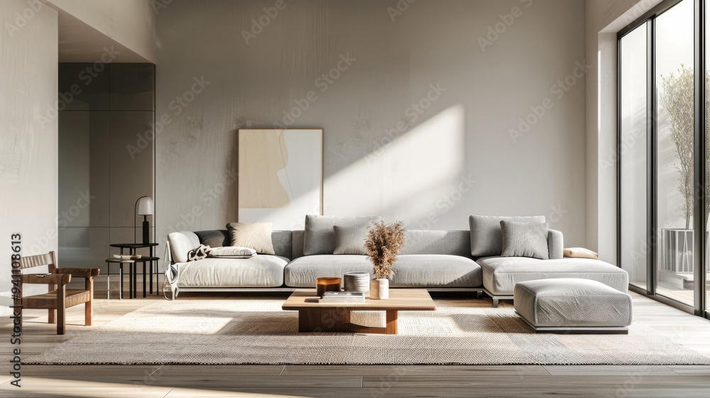 Canvas Prints A minimalist, sunlit modern living room featuring neutral colors, clean lines, and a cozy yet sophisticated aesthetic.