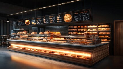 A bakery with a large display case of bread and pastries