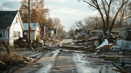 Fototapeta premium A devastated street lined with destroyed homes and debris, capturing the aftermath of a natural disaster in a once-peaceful neighborhood.