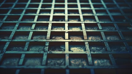 A dramatic composition of gridded metal bars casting shadows in low light, creating an intense visual interplay between light and shadow.