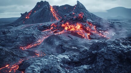 A dramatic landscape showcasing an active volcano with flowing lava, surrounded by dark, rugged terrain under a cloudy sky.