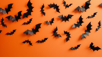 Fototapeta premium Black paper bats flying on a vibrant orange background, evoking a spooky Halloween atmosphere.