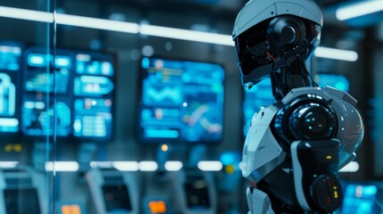 Fototapeta premium A futuristic robot, bathed in blue light, stands in a high-tech control room filled with displays and controls, symbolizing advanced technology and AI.