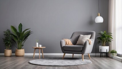 Modern Living Room with Grey Armchair, Plants, and Pendant Light