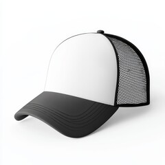 Stylish black and white cap with mesh back, perfect for casual wear and outdoor activities, offering comfort and breathability. Isolated on white background.