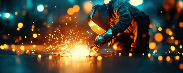 A skilled welder creates sparks while working on metal. Vibrant colors and focused craftsmanship highlighted in this dynamic scene.