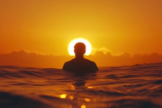 A surfer paddling out to sea, silhouetted against the setting sun