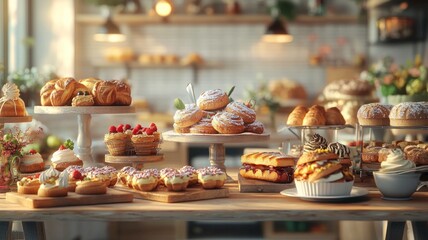 A table full of pastries and desserts, including cakes, donuts