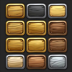 Wooden buttons framed with gold and silver for game UI design, presented as a vector cartoon set of blank rectangle buttons with a wood texture