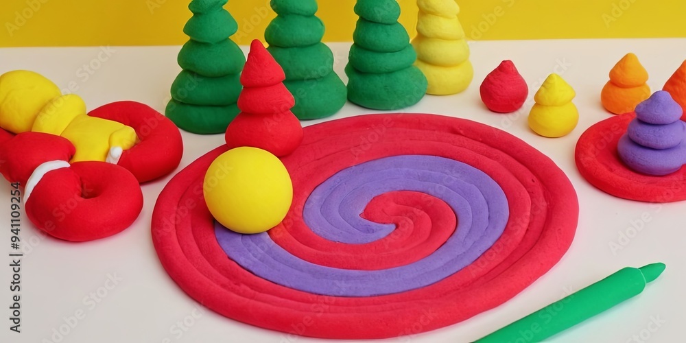 Poster a colorful play mat with a red and purple swirl and a yellow ball on it