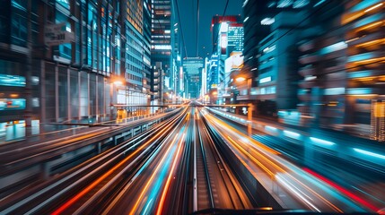 A photo of an electric train in motion, passing through the city with modern buildings on both sides of it