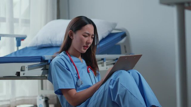 Young doctor wearing blue scrubs is experiencing stress and burnout while reviewing a patient's medical chart in a hospital room