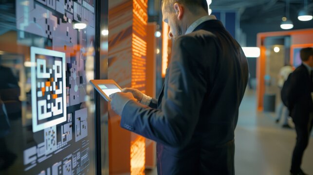 A businessman in a suit engrossed in a tablet, standing by a large interactive display showing a QR code, set in a modern, high-tech environment.
