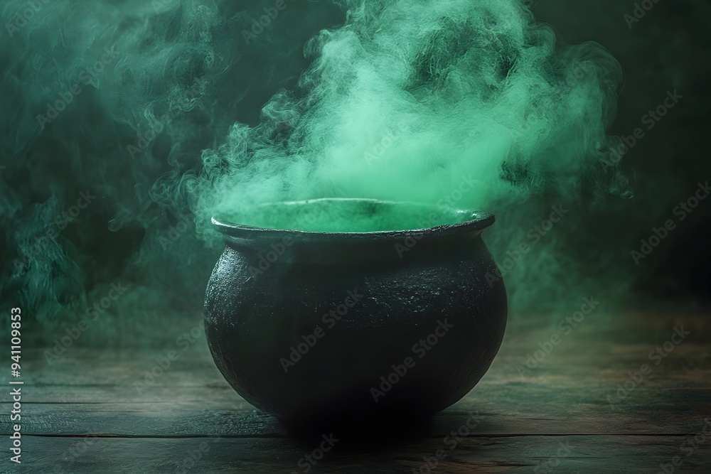 Wall mural enigmatic cauldron, a black pot emanating swirling green smoke, set against a dark background, evoki