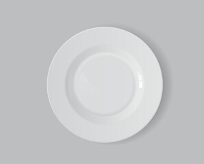 Top view white realistic round plate on gray background. Vector illustration