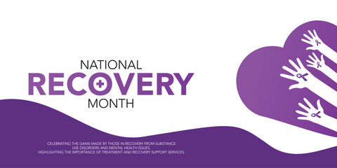 National Recovery Month is observed every September in the United States to raise awareness about mental health and substance use.Calligraphy Realistic Teal Ribbon. Banner poster, flyer and background