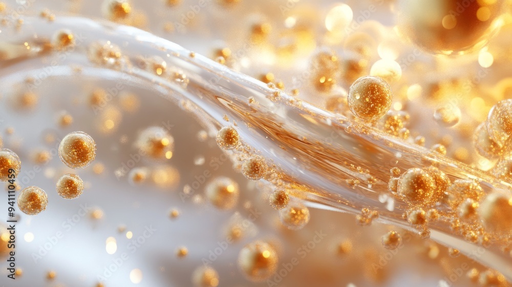 Poster golden droplets floating in a clear liquid with a smooth, dynamic flow