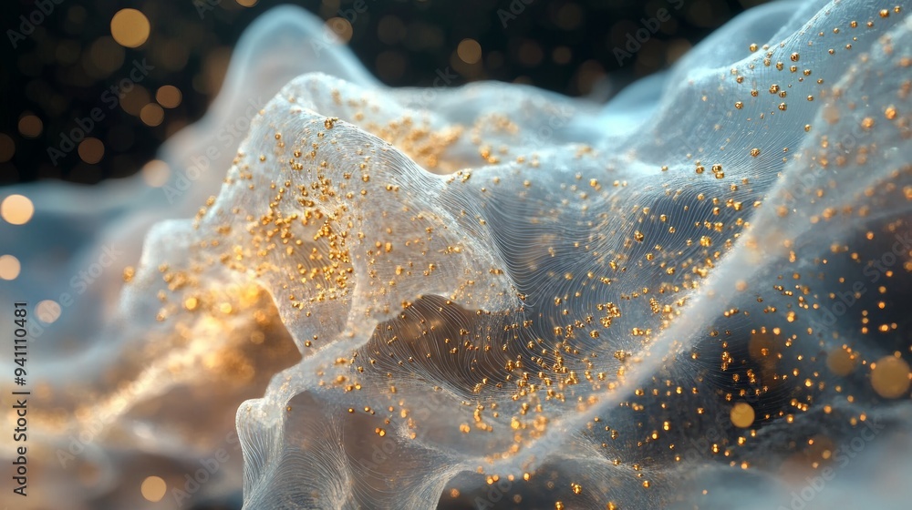 Poster golden droplets floating in a clear liquid with a smooth, dynamic flow