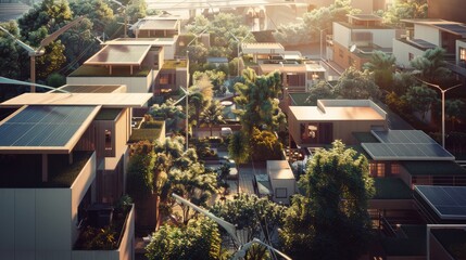 Fototapeta premium An aerial view of a vibrant, green neighborhood showcasing solar-powered homes amidst lush trees and a serene environment.