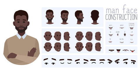 Business office worker man constructor suitable for animation. Generator of diverse eyes, lips, emotion expressions mouth animation and lip sync. Young man character face and upper body construction.