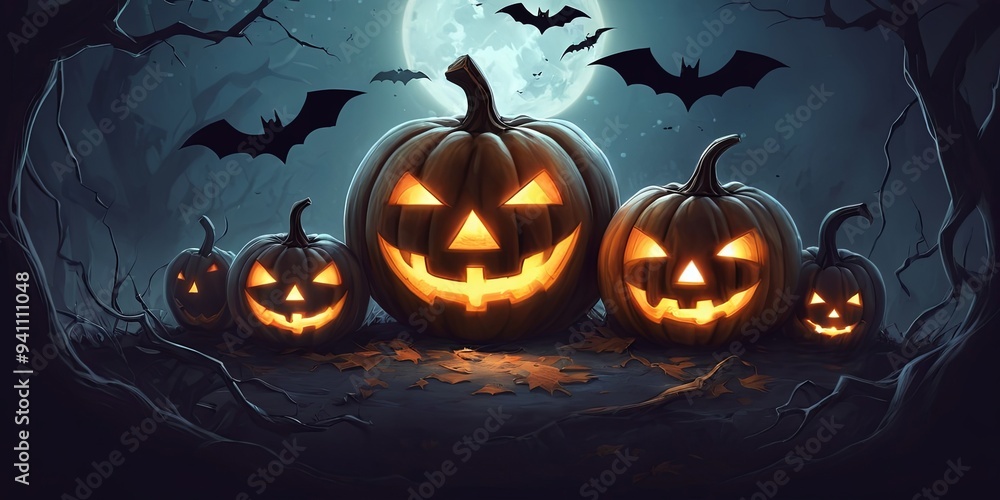 Poster A group of pumpkins with glowing eyes and smiling faces are arranged in a row