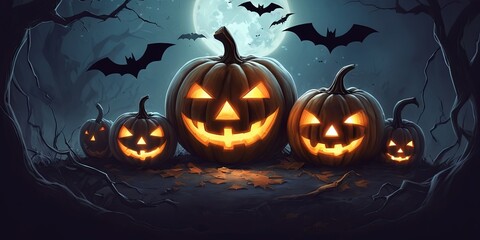 A group of pumpkins with glowing eyes and smiling faces are arranged in a row
