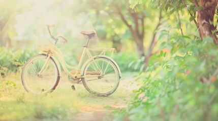 Fototapeta premium A pastel yellow vintage bicycle stands serenely in a sun-dappled garden path, evoking nostalgia and peaceful outdoor leisure.