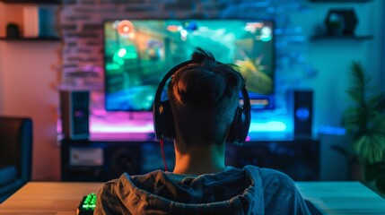 A person engrossed in a video game, viewed from behind, with a colorful, illuminated gaming setup including a large screen, speakers, and ambient lighting.